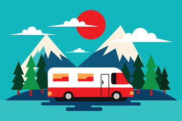 Vector art of a red and white camper van parked in a mountain landscape with trees and sun