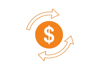 Orange dollar coin with circular arrows symbolizing exchange isolated on transparent background