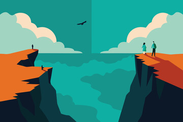 Vector art of a dramatic scene of two cliffs separated by a body of water and people on top