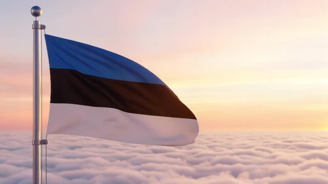 National flag of estonia nation waving on the wind with a beautiful sunset on the background, banner of the country