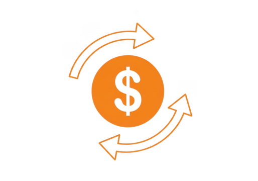 Orange dollar coin with circular arrows symbolizing exchange isolated on transparent background