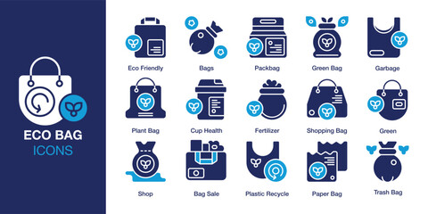 Eco Bag icon set. Containing grocery, canvas, cotton, organic, sustainable and more. Solid vector icons collection. Vector illustration.