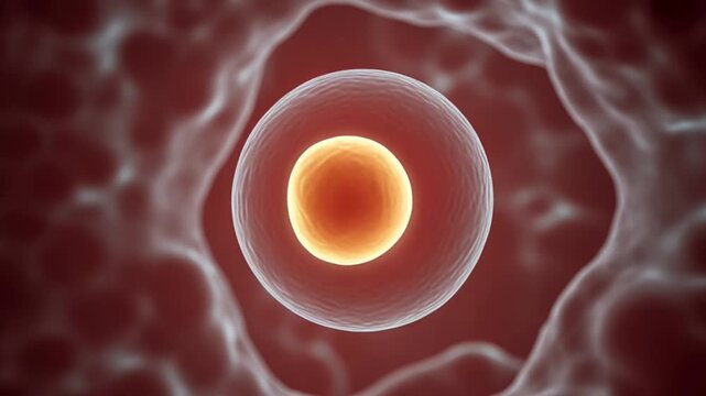 MICROSCOPIC VIEW OF SPERM CELLS SWIMMING TOWARD HUMAN EGG CELL UNDER MICROSCOPE, REALISTIC BIOLOGICAL ANIMATION, FERTILIZATION PROCESS, CELL MOVEMENT, REPRODUCTIVE SCIENCE, MEDICAL BACKGROUND