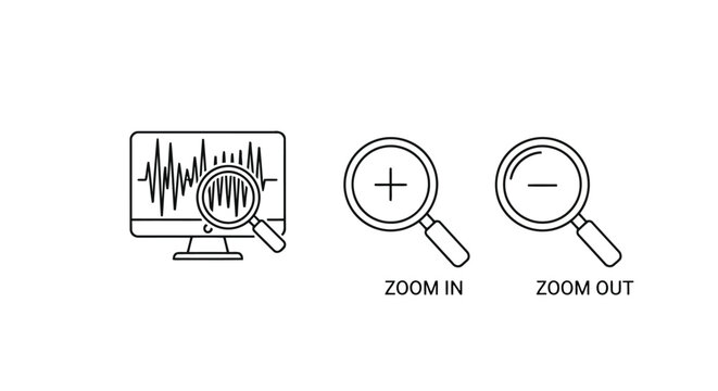 Vector illustration of zoom in and zoom out icon with computer screen magnifying glass with plus and minus sign for zooming in and out of the screen