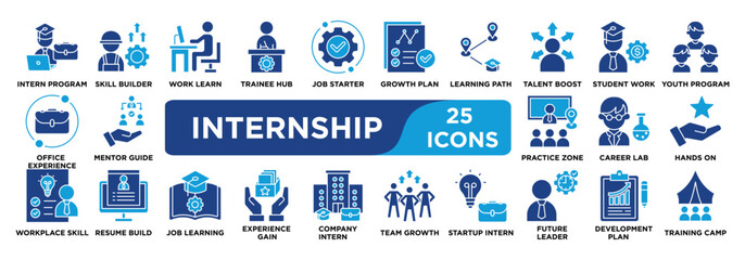 internship icon collection set. Containing intern program, skill builder, work learn, trainee hub, job starter icon. solid vector.	