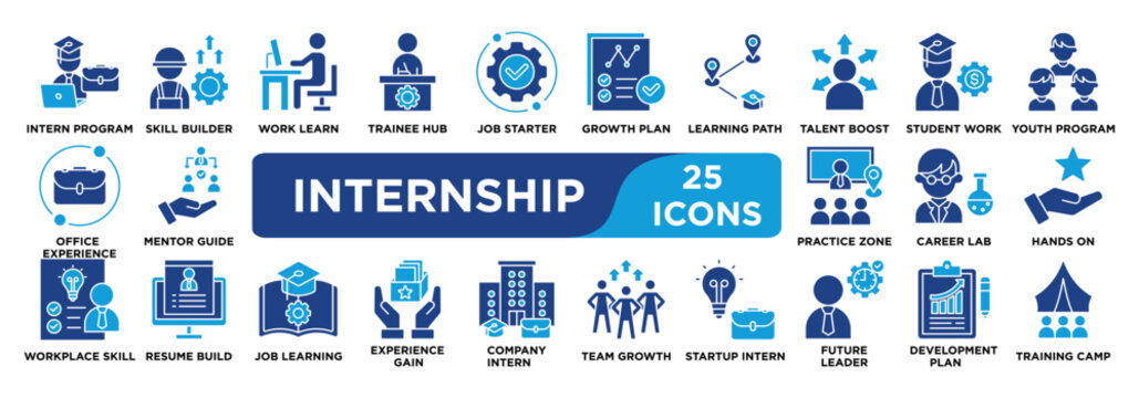 internship icon collection set. Containing intern program, skill builder, work learn, trainee hub, job starter icon. solid vector.	