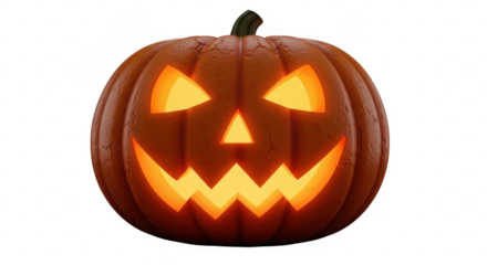 Carved jackolantern with glowing angry face isolated on transparent background