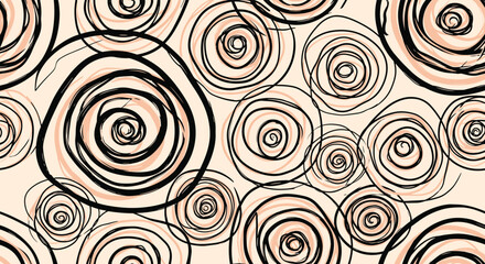 Abstract background with swirling black and pink rose-like shapes on a light peach background.