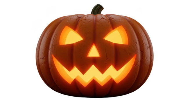Carved jackolantern with glowing angry face isolated on transparent background