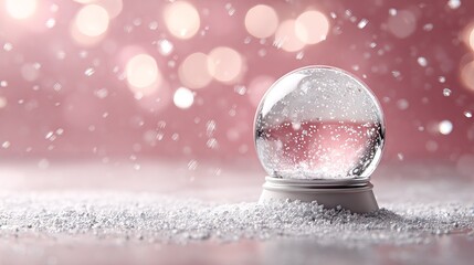 Blank snow globe on pink background with soft bokeh and light flares selective focus minimal winter decoration with generous copy space for greeting cards branding and social media