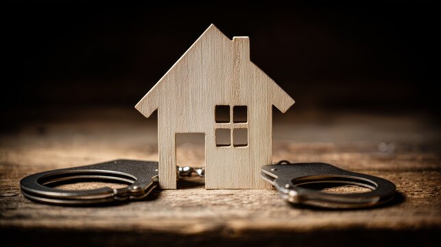Wooden house cutout surrounded by handcuff symbolizing mortgage fraud, property crime, illegal foreclosure, legal restriction, debt crisis, financial risk, and loss of home ownership