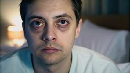 A tired man with dark circles around his eyes stares blankly, illuminated by soft light in the background, suggesting a mood of exhaustion or stress.
