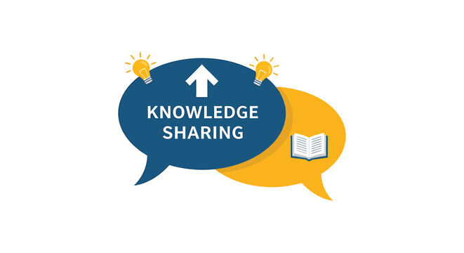 Illustration of two speech bubbles, one with an upward arrow and the words "KNOWLEDGE SHARING" and the other with an open book, symbolizing the exchange of information and ideas.