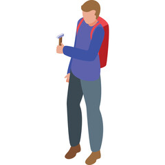 Person With Backpack Holding Small Object In Hand And Standing On Transparent Background Flat Design Isometric Illustration