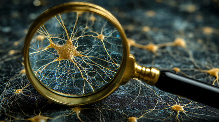  A magnifying glass scrutinizing a network of neurons in the brain 