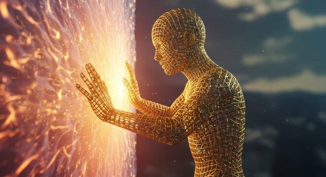 Golden wireframe figure touching a bright energy source