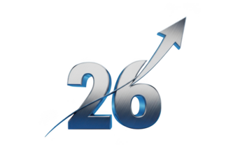Metallic number 26 with an upward arrow symbol isolated on transparent background