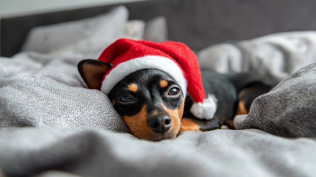 Cute miniature pinscher dog wearing Santa Claus hat curled up sleeping on gray bed in bright bedroom during daytime, cozy winter holidays, peaceful festive atmosphere, love and comfort