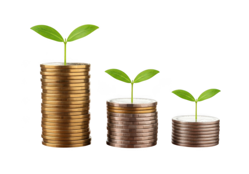Three stacks of coins with small green plants growing from the top isolated on transparent background
