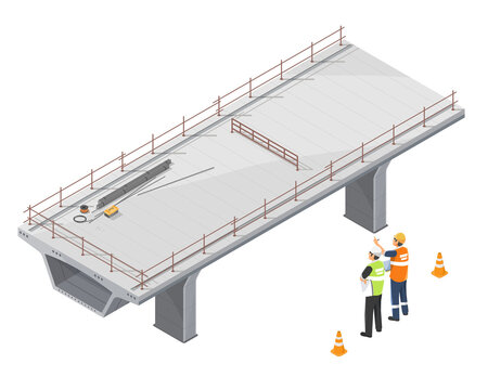 Engineers discussing expressway project construction progress on a new hi way bridge deck during a big project inspection under clear daylight