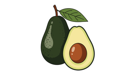 Illustration of an avocado, featuring a whole avocado with a leaf and a halved avocado with its pit, isolated on a white background.
