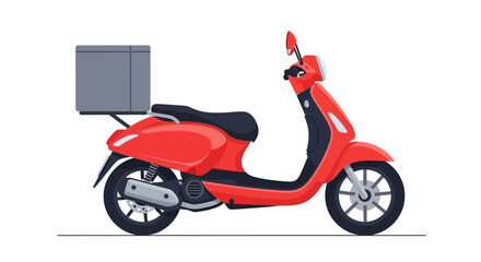 Obraz premium Side view of a red scooter with a gray delivery box attached