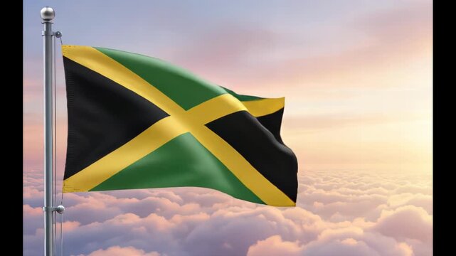 National flag of jamaica nation waving on the wind with a beautiful sunset on the background, banner of the country