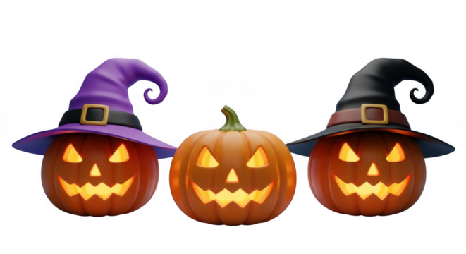 Three carved halloween pumpkins wearing witch hats isolated on transparent background