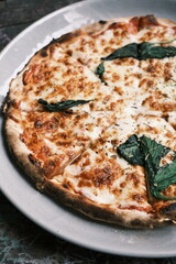 Close-up of traditional Italian meat sauce and cheese pizza