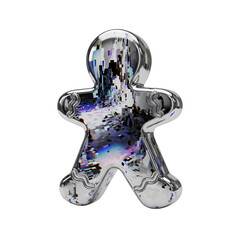 Futuristic chrome gingerbread man featuring a vibrant digital glitch effect, ideal for modern holiday marketing, tech-themed festive campaigns, or unique metaverse branding.