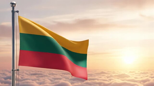 National flag of lithuania nation waving on the wind with a beautiful sunset on the background, banner of the country