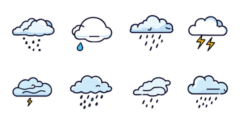 Obraz premium Cartoon weather icons of clouds rain and lightning depicted in an organized arrangement on a white backdrop