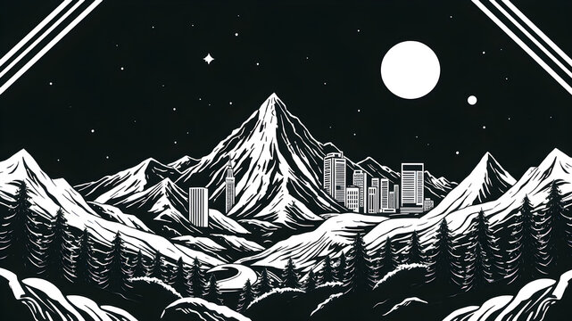 Linocut style illustration of a mountain city at night - Powered by Adobe
