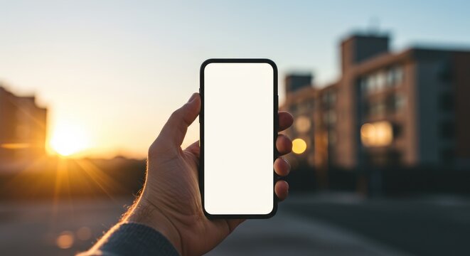 Person holding smartphone at sunset in city.