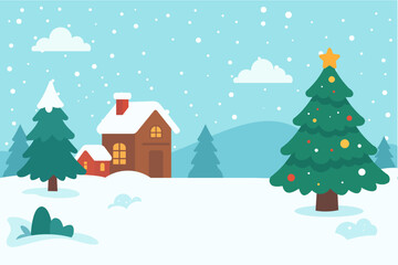 Peaceful Winter Landscape with Christmas Tree and Cozy House