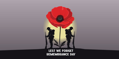 Lest We Forget Remembrance Day Poster with Red Poppy and Soldier Silhouettes