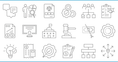 Compliance related 18 line icons set. Vector editable stroke.
