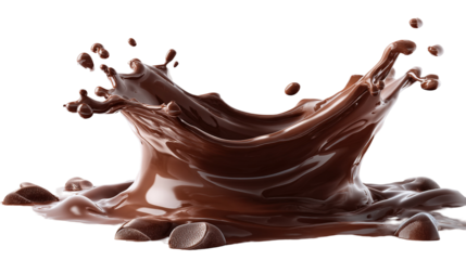 A splash of smooth, melted chocolate is captured in mid-air, creating a dynamic, swirling shape. Droplets of chocolate scatter outward, and small chunks of solid chocolate lie beneath the splash. The 