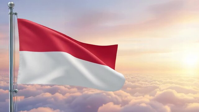 National flag of monaco nation waving on the wind with a beautiful sunset on the background, banner of the country