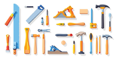 Assorted carpentry tools are neatly arranged against a white background