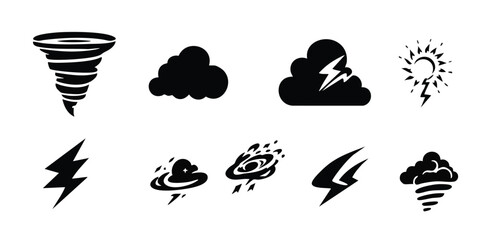 Black  white weather icons tornado cloud lightning sun rain gale
