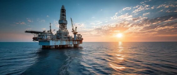 A bright, sunny sky surrounds an offshore oil rig surrounded by the ocean.
