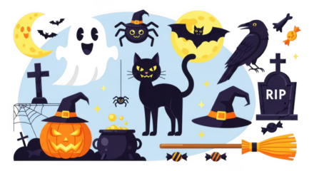 Colorful halloween illustration with ghosts, bats, pumpkins, and spooky icons on dark background isolated on transparent background