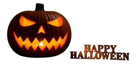 Glowing halloween jackolantern with happy halloween text isolated on transparent background