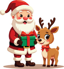 Cute Santa Claus with Reindeer and Christmas Gift Box – Holiday Cartoon Illustration