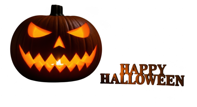 Glowing halloween jackolantern with happy halloween text isolated on transparent background