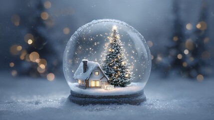Cozy Christmas snow globe with tiny house and fir tree in falling snow, glass crystal ball holiday decoration, warm festive glow, magical scene with copy space for greeting card and branding