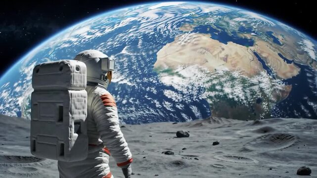 Astronaut on Moon, viewing Earth, dark sky, possible concept of space exploration