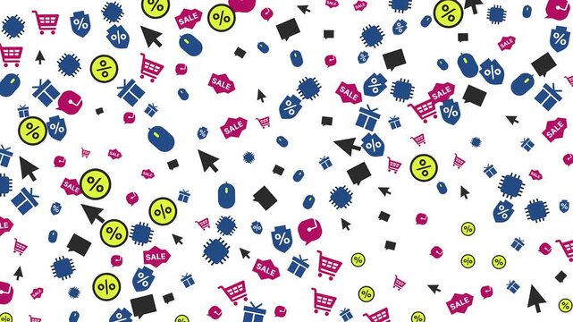 Cyber Monday bg features a white backdrop patterned with shopping icon animations for holiday sales.
