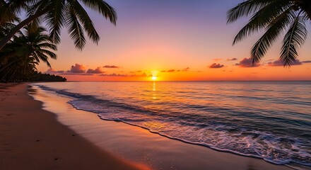 Fototapeta premium Beautiful seascape with sunset sky and tropical palm trees.